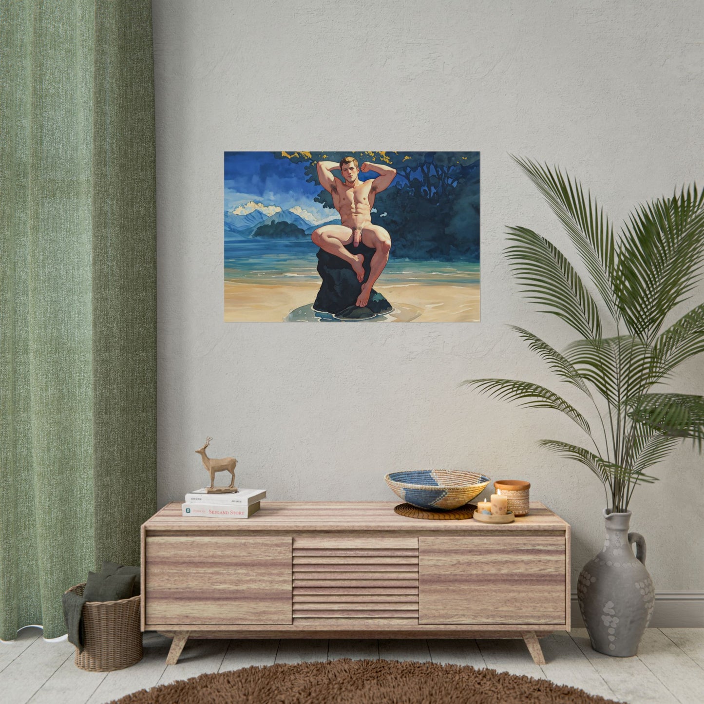 Homoerotic Art Print, Man Bathing in Lake, Handsome and Masculine Model in Full Frontal Nudity, Tasteful Erotica