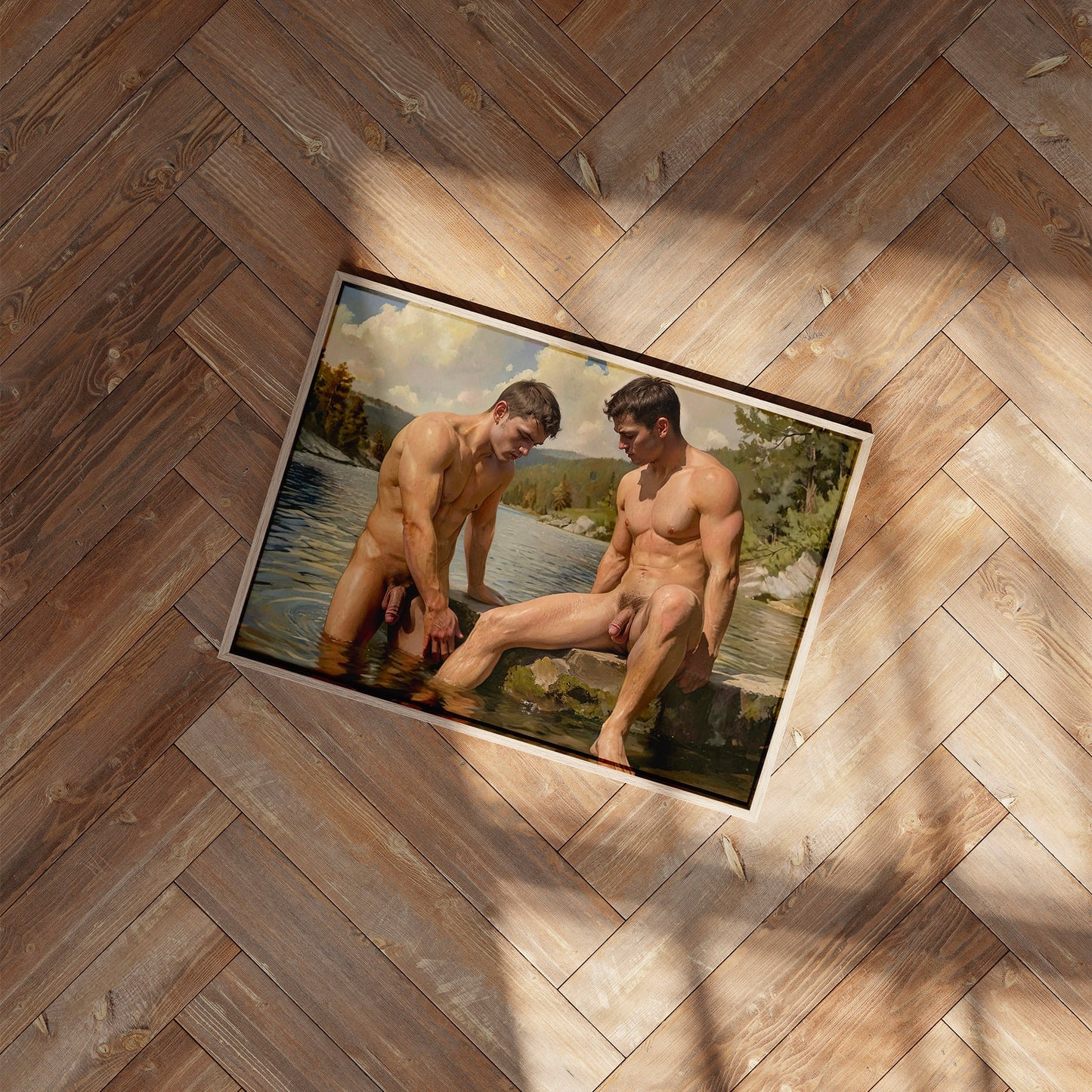Homoerotic Art Print, Two Men Bathing in Lake, Handsome and Masculine Models in Full Frontal Nudity, Tasteful Erotica