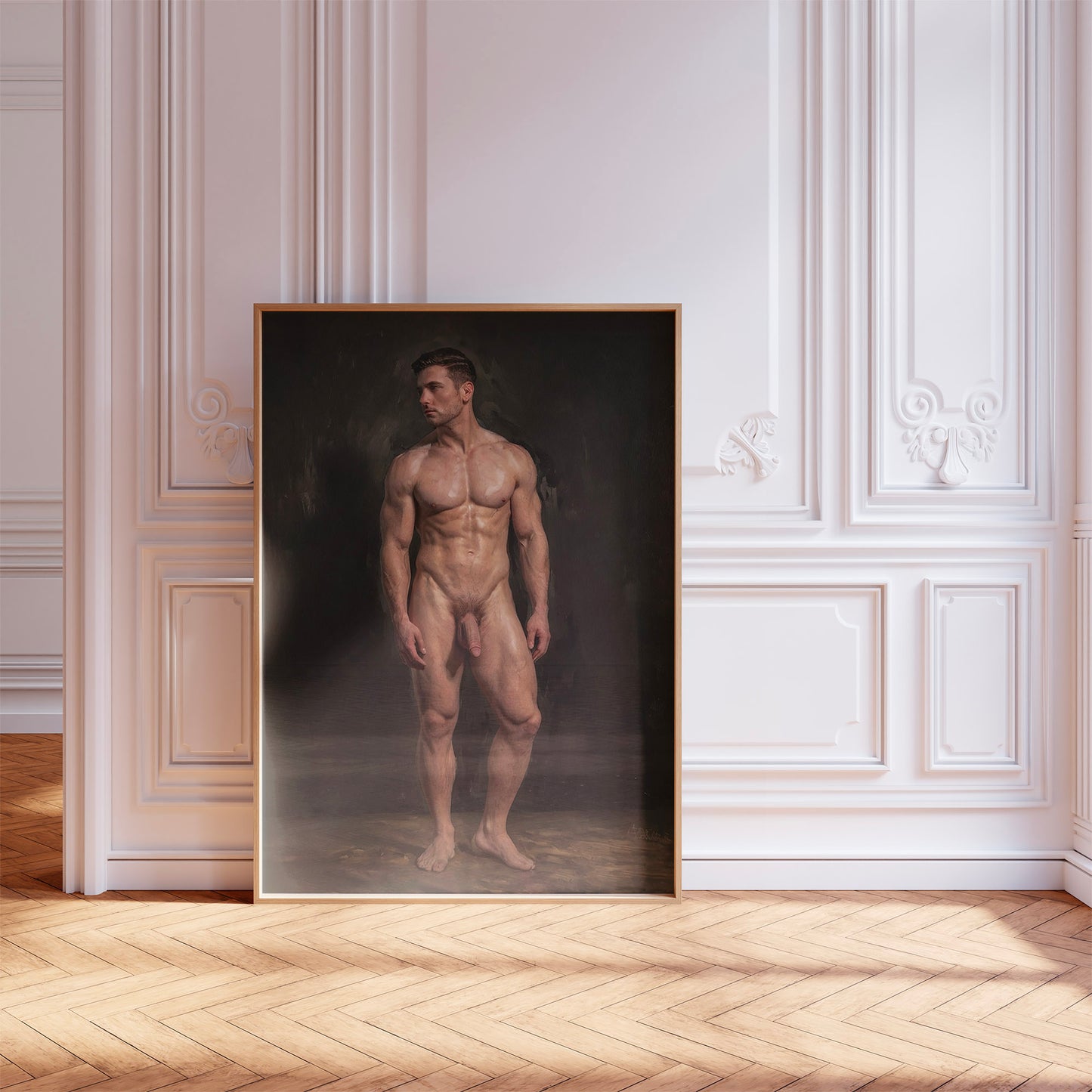 Full Frontal Nudity Painting, Handsome Male Model in Completely Naked Portrait Showing Large Penis