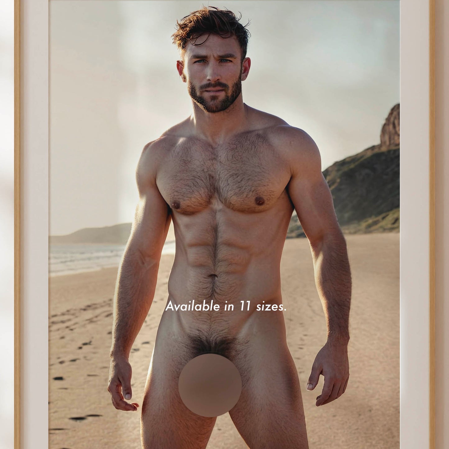 Gay Porn Photo, Big Dick Pic, Handsome Cock on Nude Model at Beach, Muscular Man With Huge Penis in Gay Erotic Solo Shot, Bodybuilder Physique Outdoors