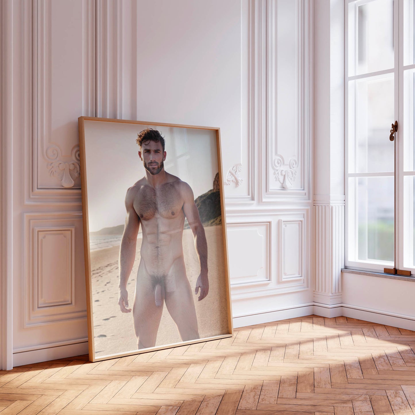 Gay Porn Photo, Big Dick Pic, Handsome Cock on Nude Model at Beach, Muscular Man With Huge Penis in Gay Erotic Solo Shot, Bodybuilder Physique Outdoors