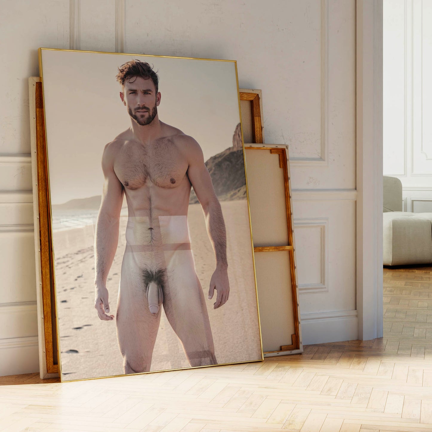 Gay Porn Photo, Big Dick Pic, Handsome Cock on Nude Model at Beach, Muscular Man With Huge Penis in Gay Erotic Solo Shot, Bodybuilder Physique Outdoors