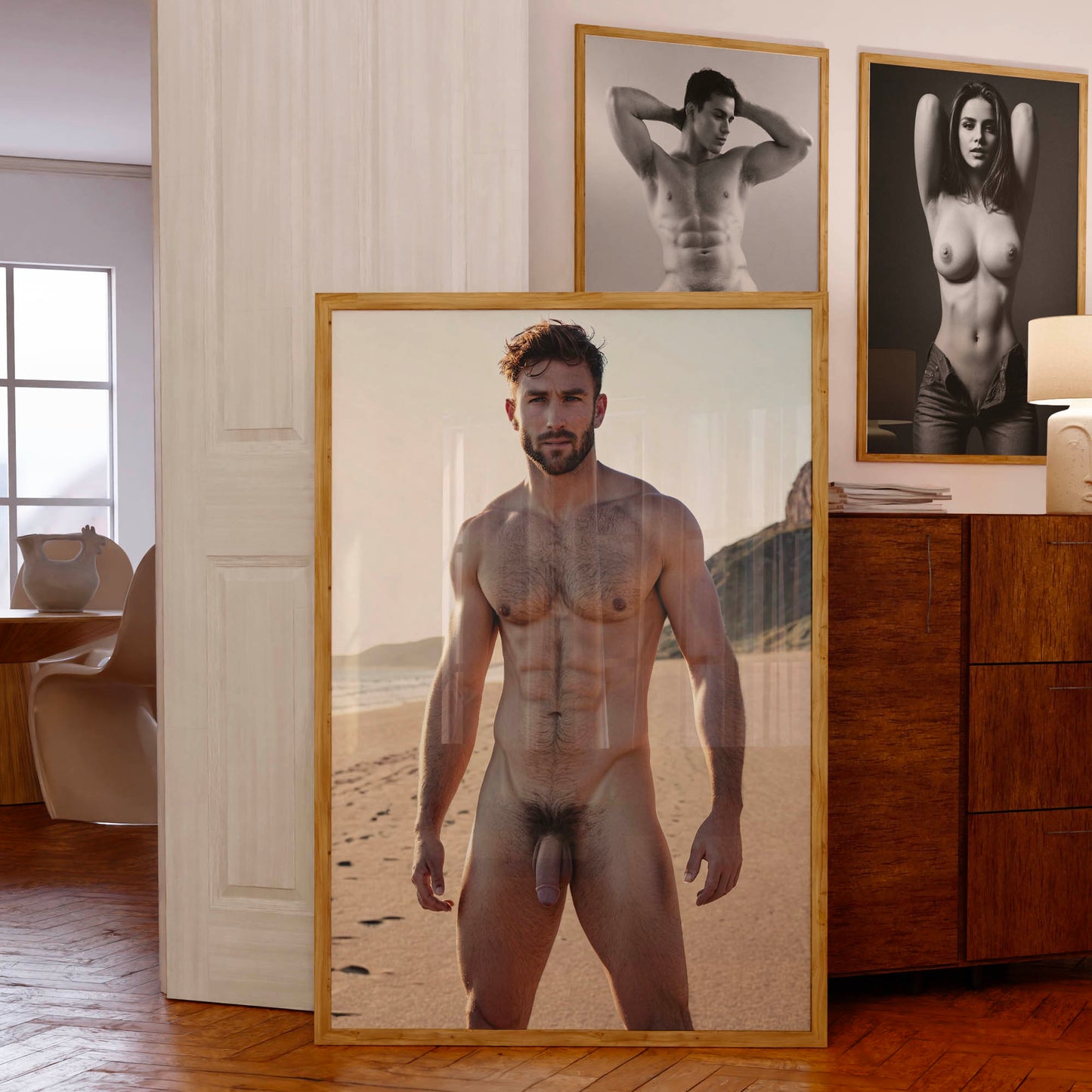 Gay Porn Photo, Big Dick Pic, Handsome Cock on Nude Model at Beach, Muscular Man With Huge Penis in Gay Erotic Solo Shot, Bodybuilder Physique Outdoors