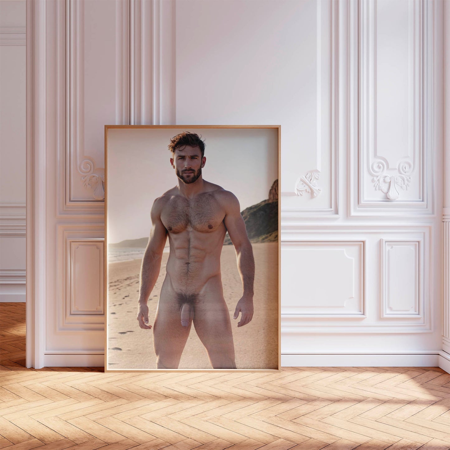 Gay Porn Photo, Big Dick Pic, Handsome Cock on Nude Model at Beach, Muscular Man With Huge Penis in Gay Erotic Solo Shot, Bodybuilder Physique Outdoors