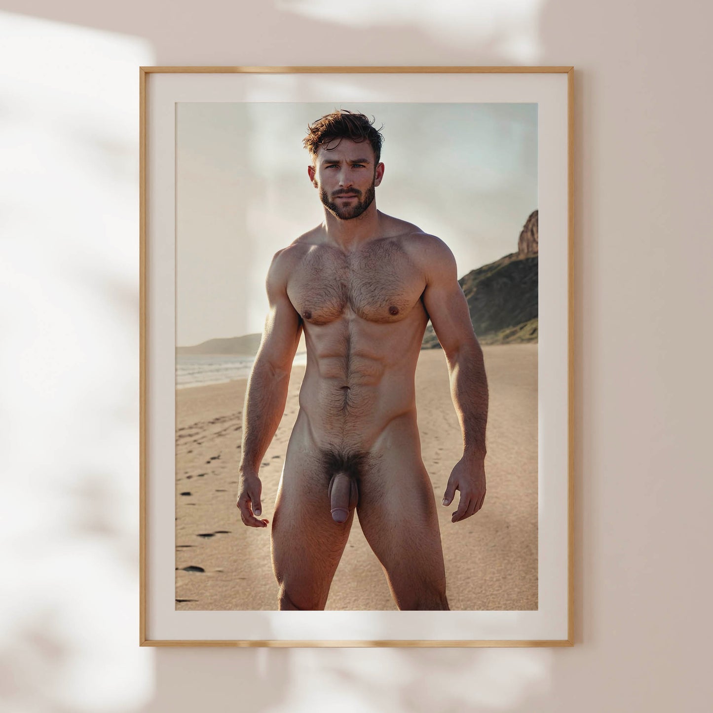 Gay Porn Photo, Big Dick Pic, Handsome Cock on Nude Model at Beach, Muscular Man With Huge Penis in Gay Erotic Solo Shot, Bodybuilder Physique Outdoors