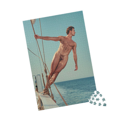 Male Nude Photo Puzzle, Sexy Sailor on Boat, Jigsaw Puzzle with Dick Pic, Hung Male Model with Big Cock, Funny Gift for Bachelorette or Gay Bachelor Party