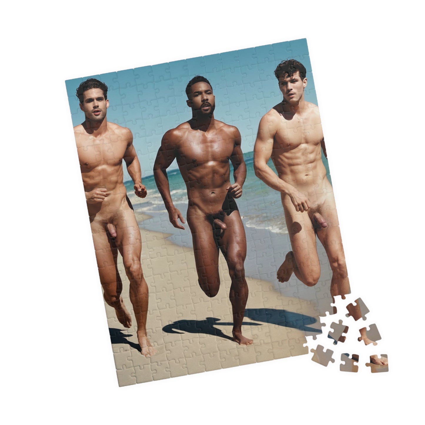 Male Nude Photo Puzzle, Sexy Men with Big Dicks Running on Beach Jigsaw Puzzle, Dirty Gift for Bachelorette or Gay Bachelor Party, Gay Beefcake Puzzle