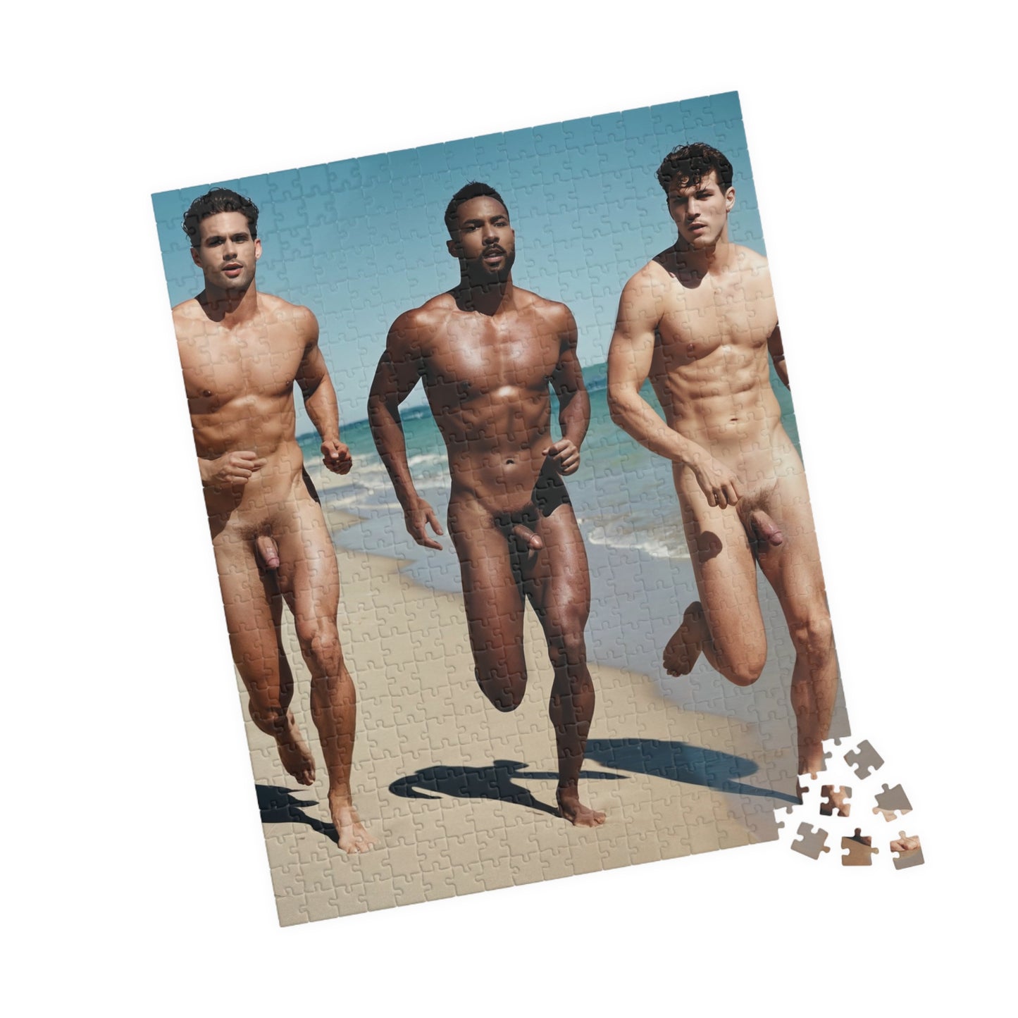 Male Nude Photo Puzzle, Sexy Men with Big Dicks Running on Beach Jigsaw Puzzle, Dirty Gift for Bachelorette or Gay Bachelor Party, Gay Beefcake Puzzle