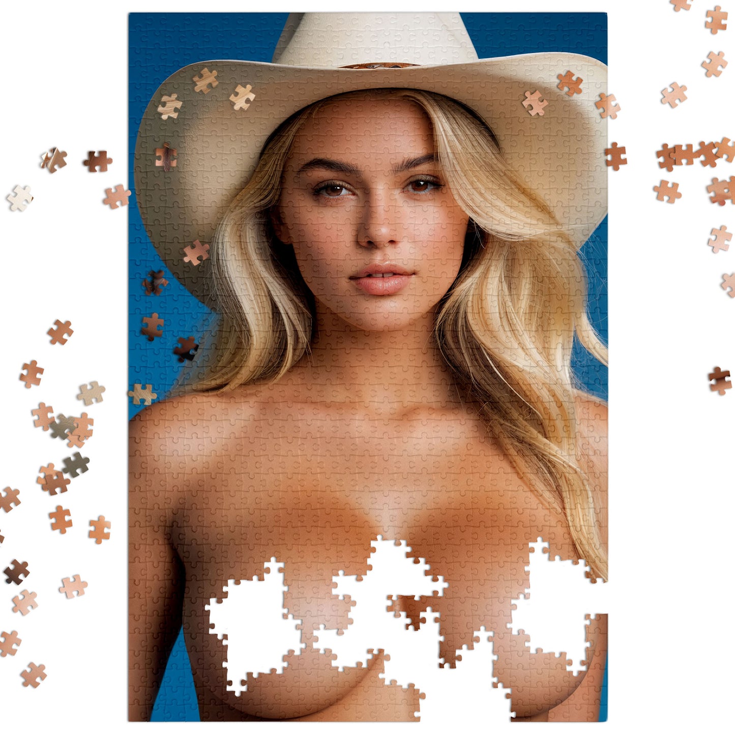 Topless Blonde Cowgirl, Nude Photo Puzzle, 1000-Piece Beautiful Naked Blonde Woman Jigsaw Puzzle, Funny Sexy Gift