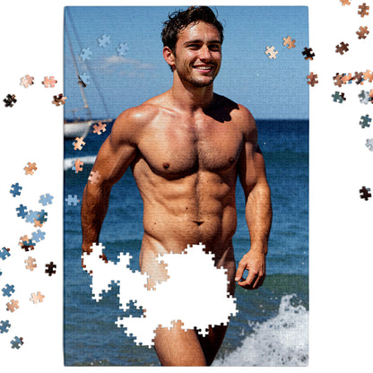 Male Nude Puzzle, Full Frontal Nudity Beach Photo Jigsaw Puzzle, 250, 500, 1000 or 2000 Pieces, Handsome Naked Man Puzzle