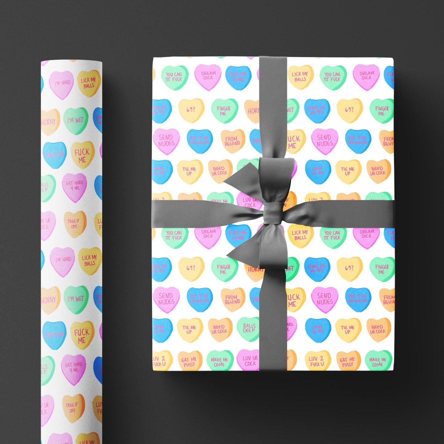 Sexy Valentine Wrapping Paper with Funny & Dirty Candy Hearts, Gift Wrap for Boyfriends, Husbands, or Hookups, Naughty Valentine Present