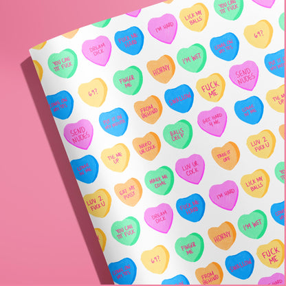 Sexy Valentine Wrapping Paper with Funny & Dirty Candy Hearts, Gift Wrap for Boyfriends, Husbands, or Hookups, Naughty Valentine Present