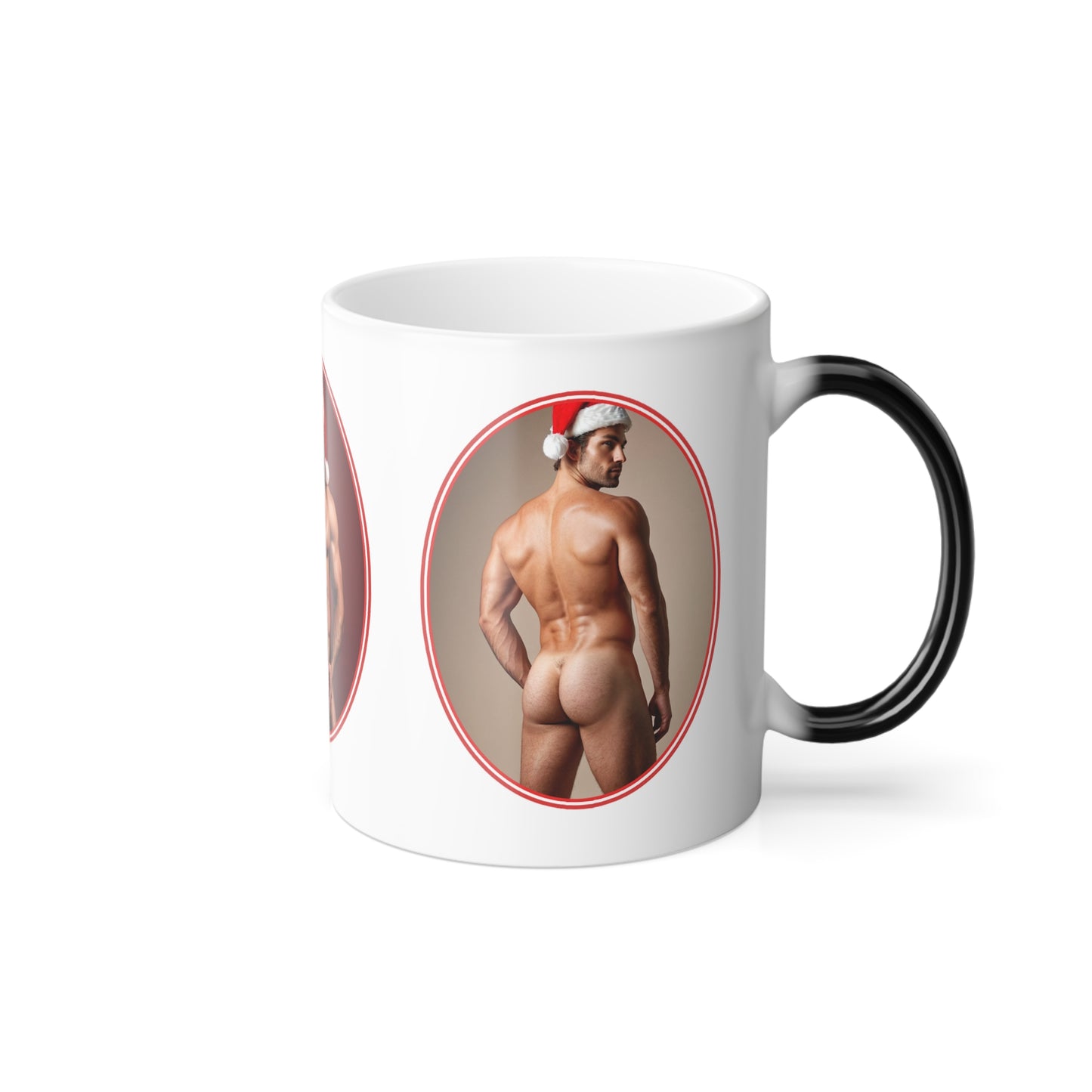 Funny Gay Christmas Mug, Naked Men Photos of Sexy Santa for Naughty Holiday, Handsome Muscular Butts on Color Changing Magic Mug, Dirty Gift