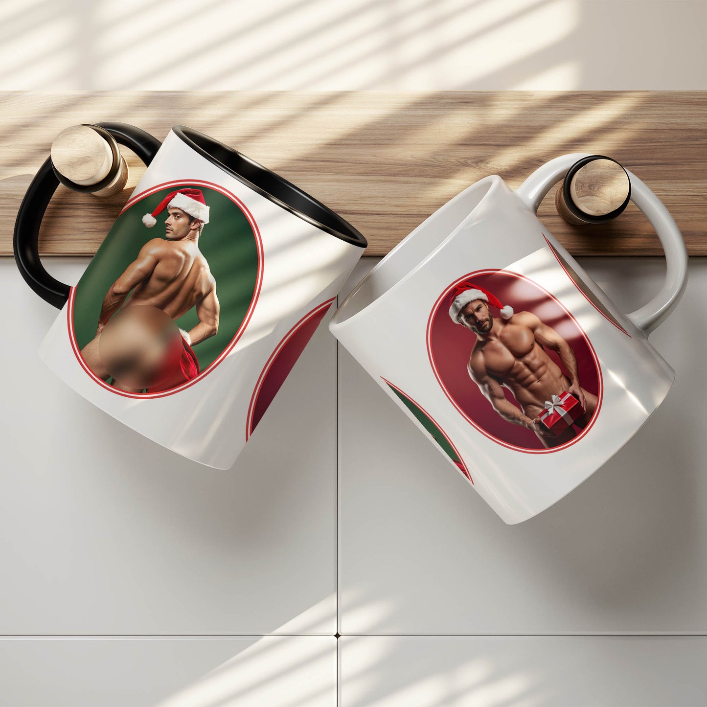 Funny Gay Christmas Mug, Naked Men Photos of Sexy Santa for Naughty Holiday, Handsome Muscular Butts on Color Changing Magic Mug, Dirty Gift