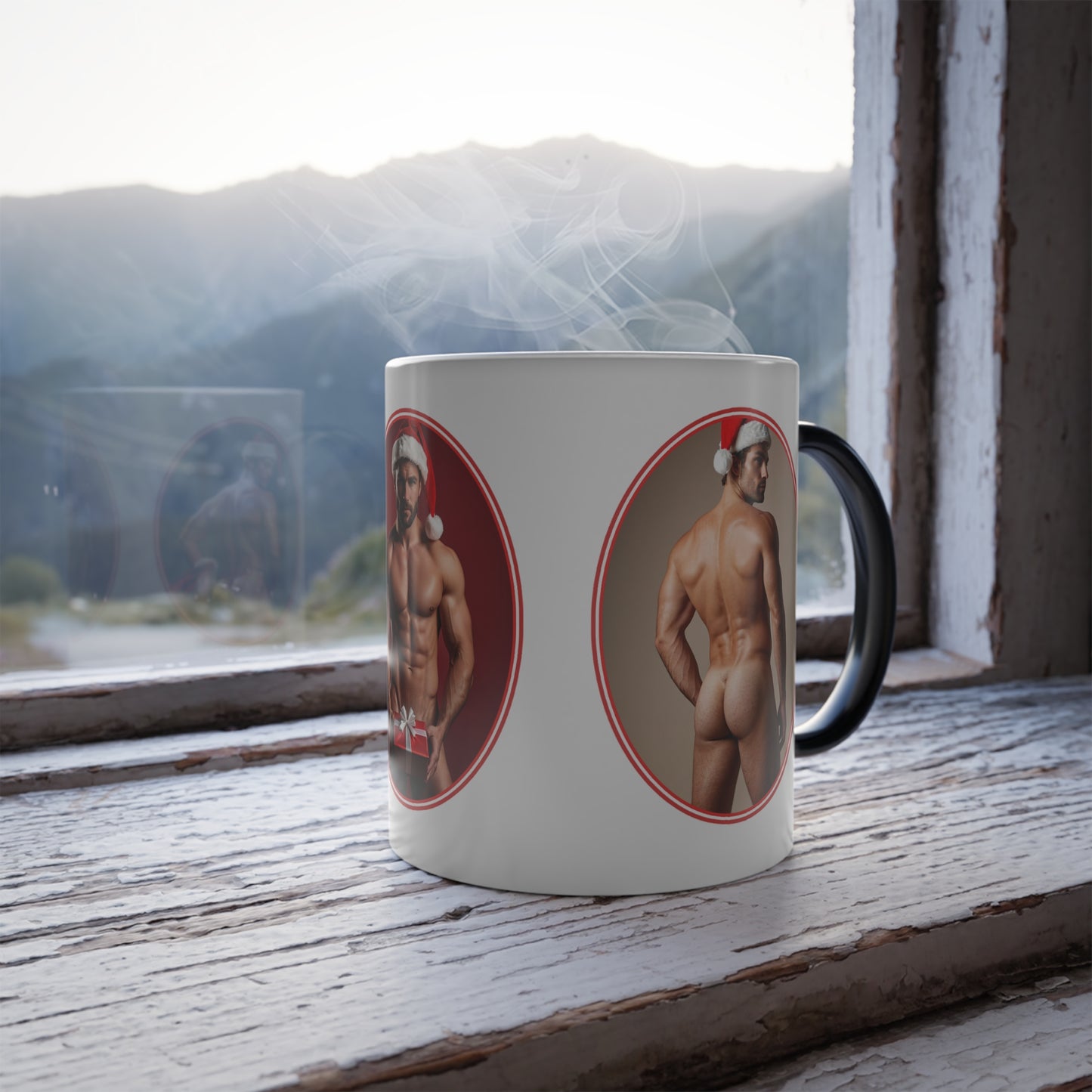 Funny Gay Christmas Mug, Naked Men Photos of Sexy Santa for Naughty Holiday, Handsome Muscular Butts on Color Changing Magic Mug, Dirty Gift