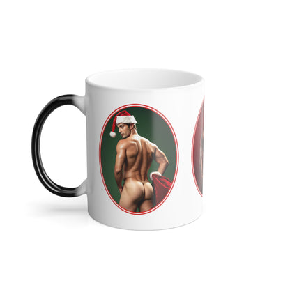 Funny Gay Christmas Mug, Naked Men Photos of Sexy Santa for Naughty Holiday, Handsome Muscular Butts on Color Changing Magic Mug, Dirty Gift
