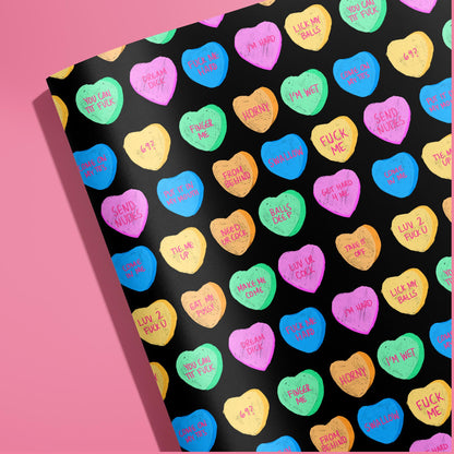 Sexy Black Valentine Wrapping Paper with Funny & Dirty Candy Hearts, Gift Wrap for Boyfriends, Husbands, or Hookups, Naughty Valentine Present