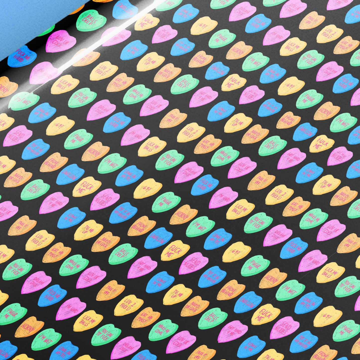 Sexy Black Valentine Wrapping Paper with Funny & Dirty Candy Hearts, Gift Wrap for Boyfriends, Husbands, or Hookups, Naughty Valentine Present