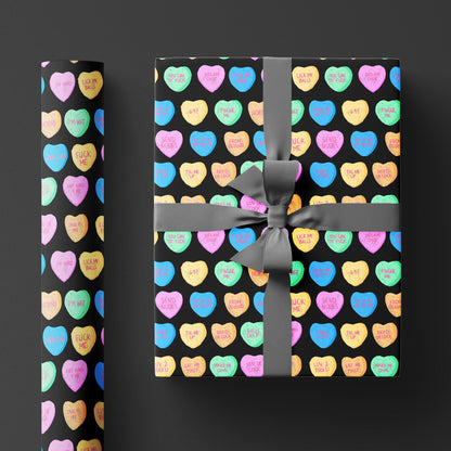 Sexy Black Valentine Wrapping Paper with Funny & Dirty Candy Hearts, Gift Wrap for Boyfriends, Husbands, or Hookups, Naughty Valentine Present