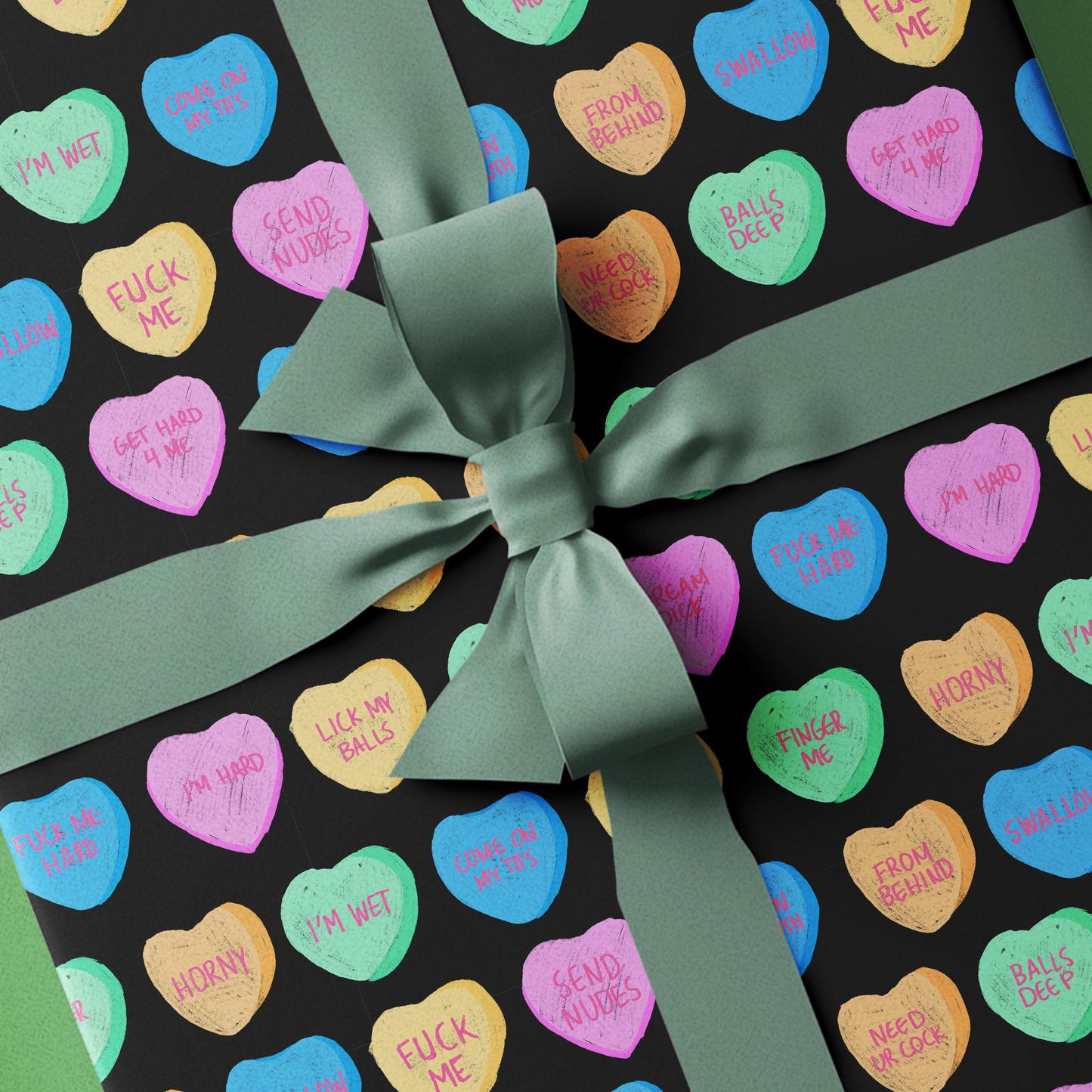 Sexy Black Valentine Wrapping Paper with Funny & Dirty Candy Hearts, Gift Wrap for Boyfriends, Husbands, or Hookups, Naughty Valentine Present