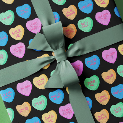 Sexy Black Valentine Wrapping Paper with Funny & Dirty Candy Hearts, Gift Wrap for Boyfriends, Husbands, or Hookups, Naughty Valentine Present