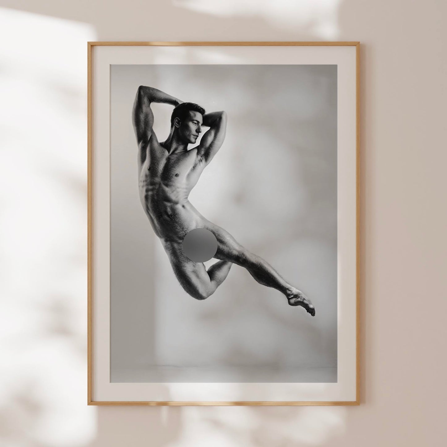 Black and White Nude Photo, Male Ballet Dancer in Full Frontal Nudity, Jumping Through Air