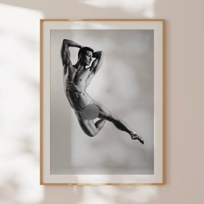 Black and White Nude Photo, Male Ballet Dancer in Full Frontal Nudity, Jumping Through Air