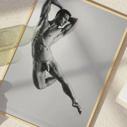 Black and White Nude Photo, Male Ballet Dancer in Full Frontal Nudity, Jumping Through Air