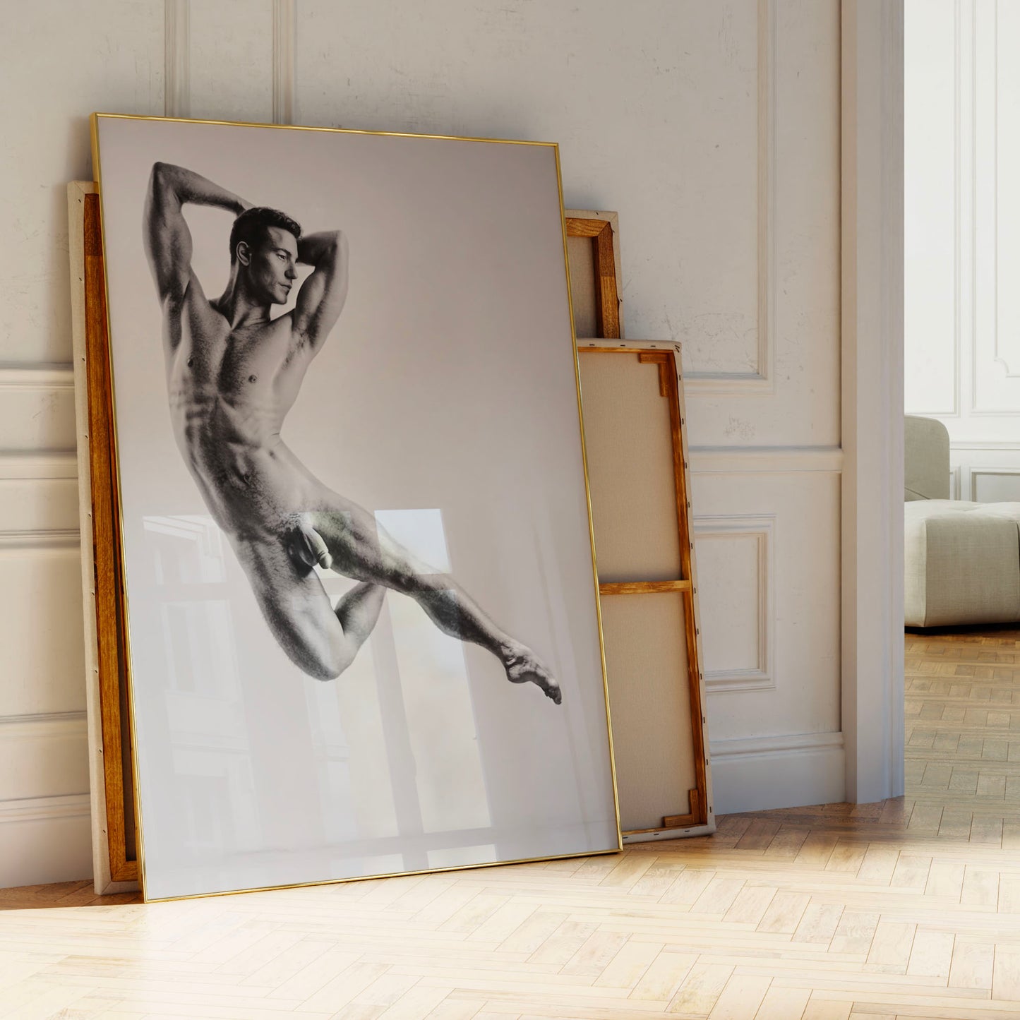 Black and White Nude Photo, Male Ballet Dancer in Full Frontal Nudity, Jumping Through Air
