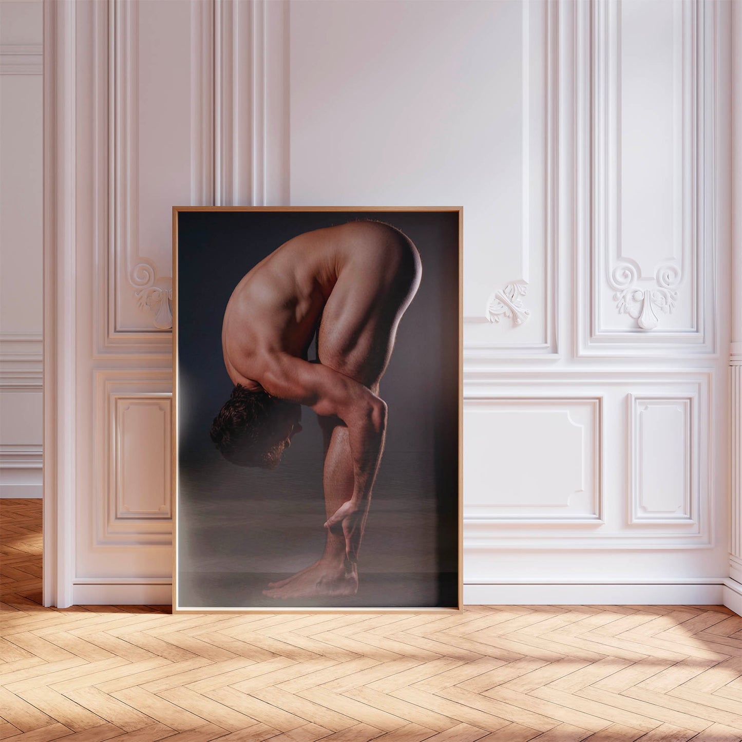 Photo Portrait of Athletic Man Stretching in Full Nudity, Muscular and Handsome Model