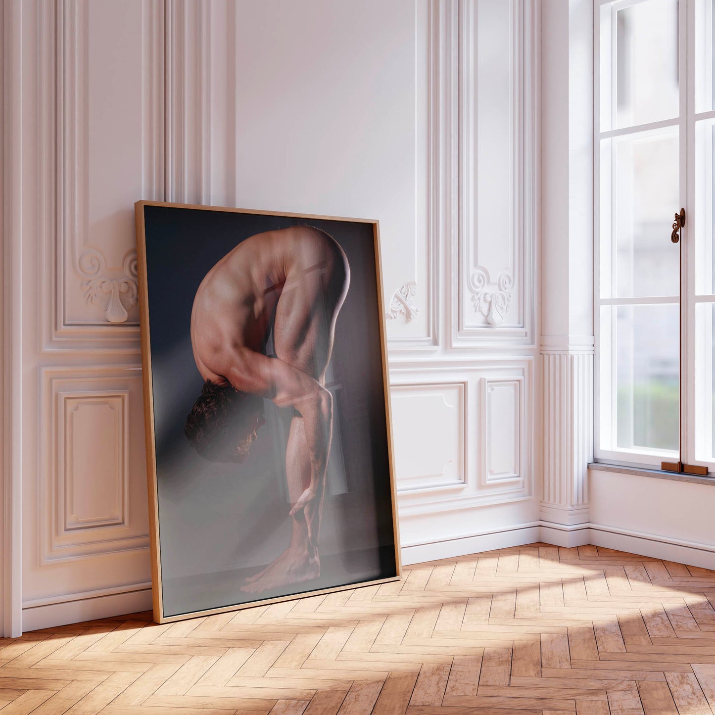 Photo Portrait of Athletic Man Stretching in Full Nudity, Muscular and Handsome Model