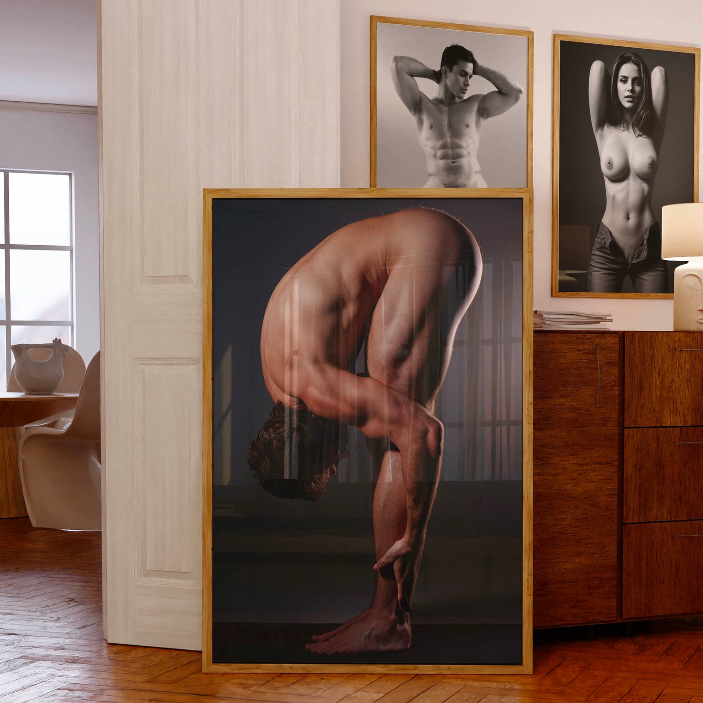 Photo Portrait of Athletic Man Stretching in Full Nudity, Muscular and Handsome Model