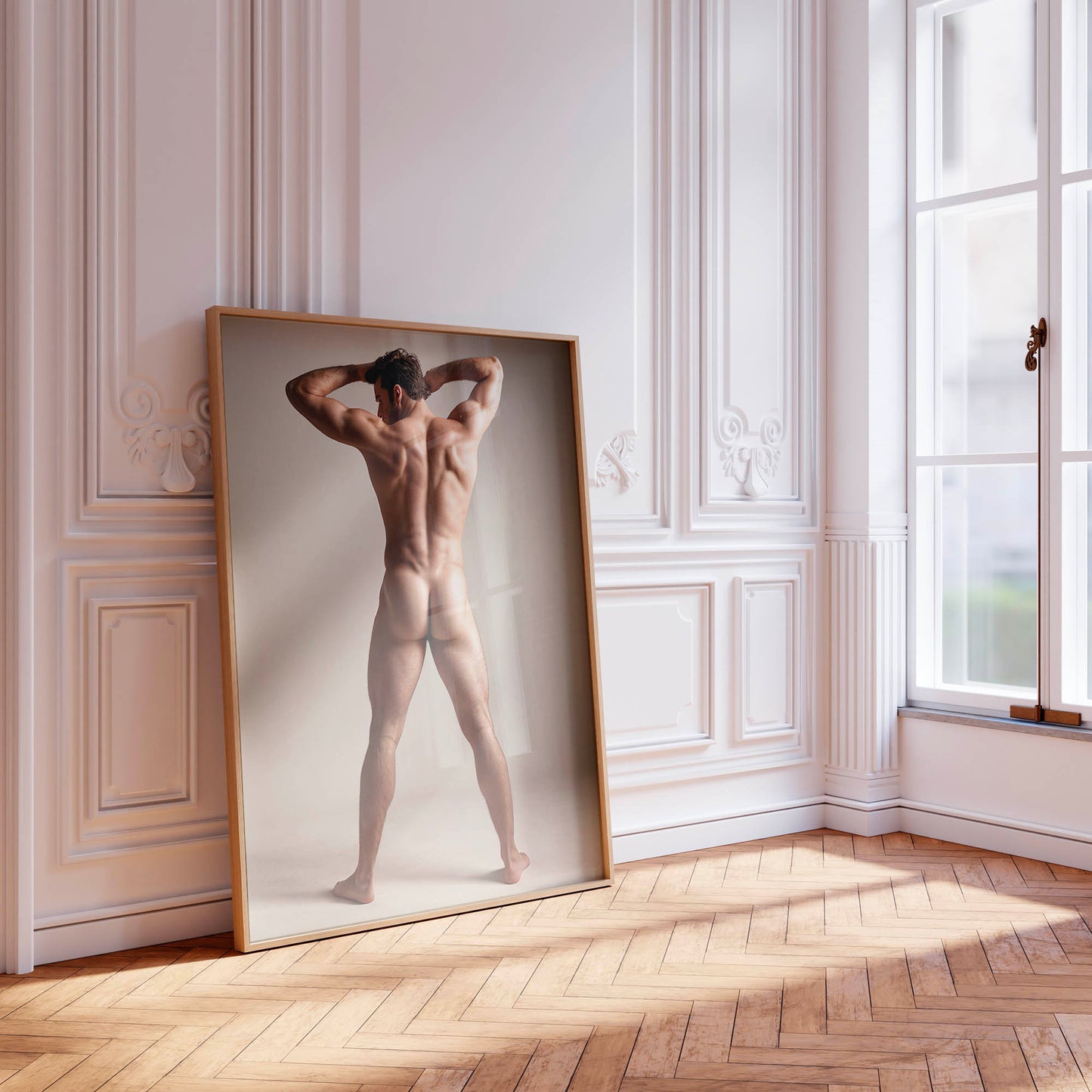 Handsome Nude Photo, Muscular and Athletic Model Posing Naked, Photo Taken from Behind