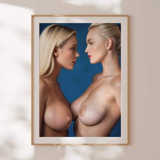 Beautiful Photo Print, Two Topless Blonde Women Looking at Each Other, Sexy and Erotic Decor for Man Caves and Dorms