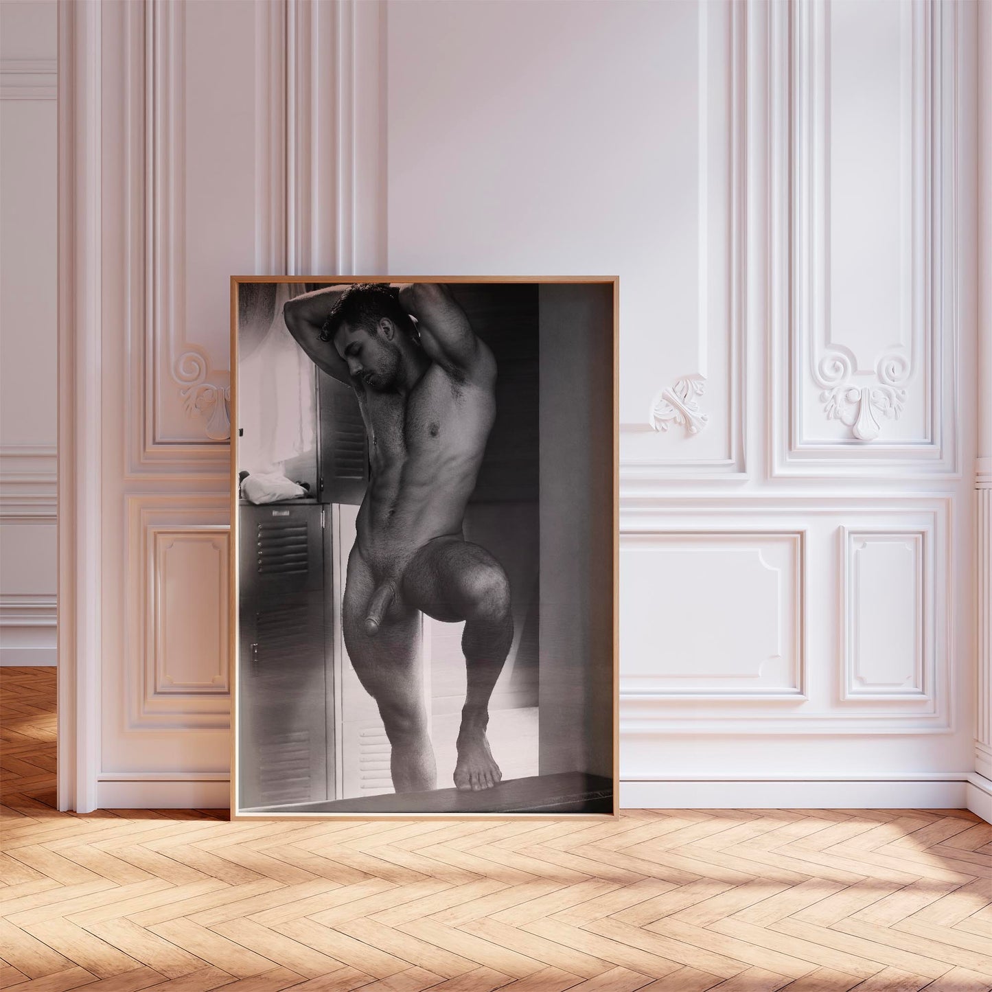 Handsome and Homoerotic Photo Print, Naked Man Poses in Locker Room, Black and White Photo, Artistic Nudity & Composition