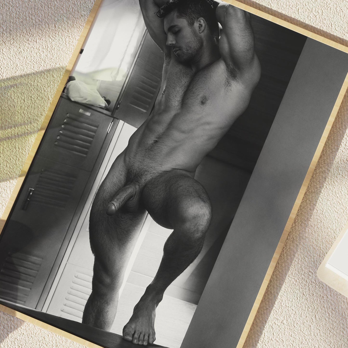 Handsome and Homoerotic Photo Print, Naked Man Poses in Locker Room, Black and White Photo, Artistic Nudity & Composition