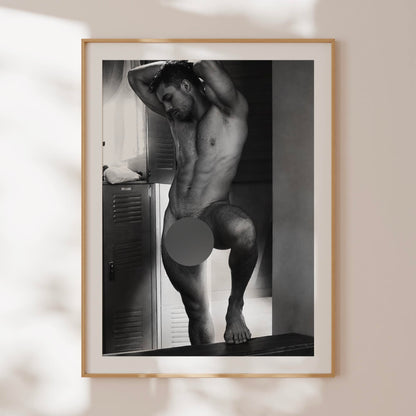 Handsome and Homoerotic Photo Print, Naked Man Poses in Locker Room, Black and White Photo, Artistic Nudity & Composition