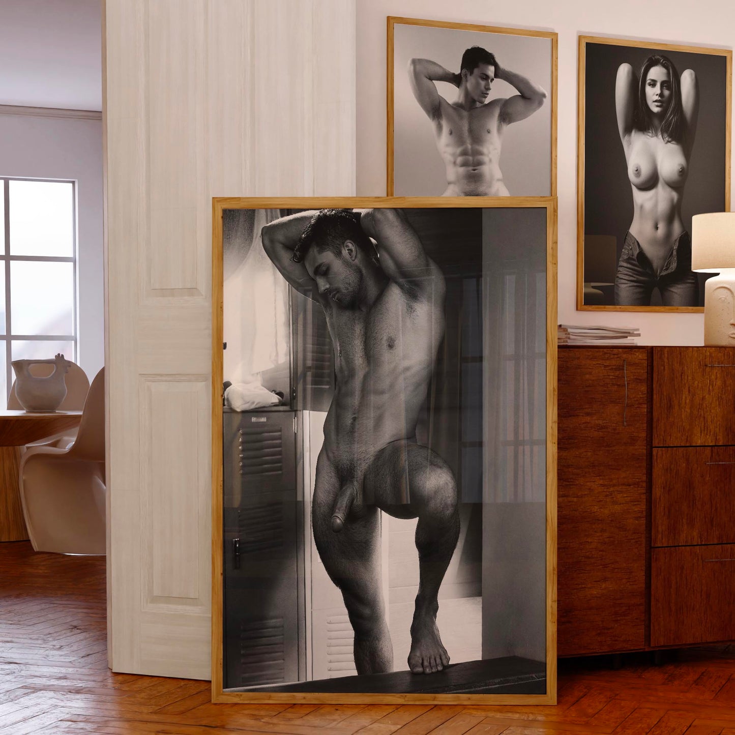 Handsome and Homoerotic Photo Print, Naked Man Poses in Locker Room, Black and White Photo, Artistic Nudity & Composition