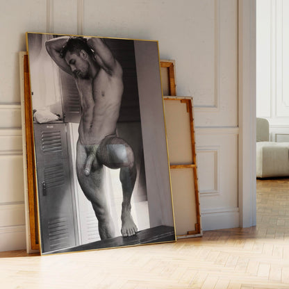 Handsome and Homoerotic Photo Print, Naked Man Poses in Locker Room, Black and White Photo, Artistic Nudity & Composition