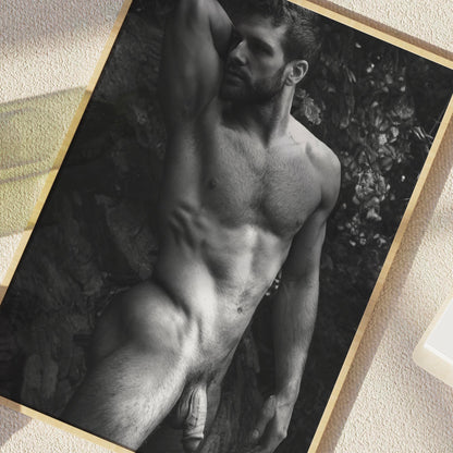 Handsome Male Nude Photo with Full Frontal Nudity, Lumberjack Posing Nude Outdoors, Masc Model in Homoerotic Poster