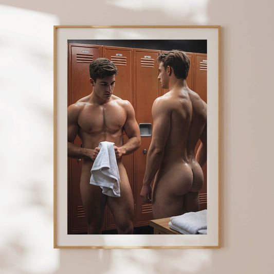 Homoerotic Locker Room Print, Male Nude Photo in Gym, Two Masculine Naked Men, Gay Art & Decor, Muscular Handsome Models