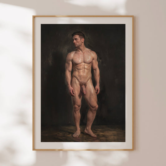 Full Frontal Nudity Painting, Handsome Male Model in Completely Naked Portrait Showing Large Penis