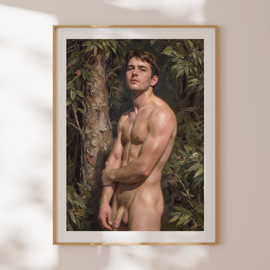 Homoerotic Full Frontal Nudity Painting, Handsome Male Model in Completely Naked Portrait Showing Large Penis in Outdoors