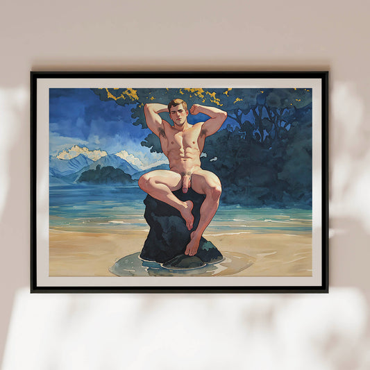 Homoerotic Art Print, Man Bathing  in Lake, Handsome and Masculine Model in Full Frontal Nudity, Tasteful Erotica