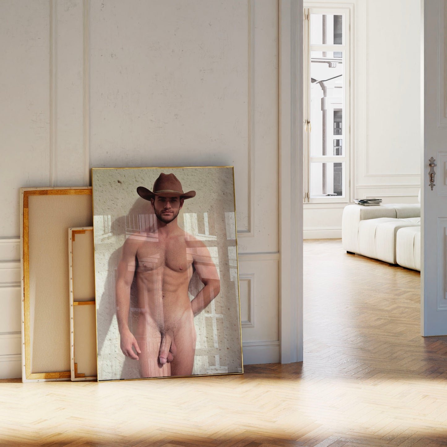 Naked Cowboy, Full Frontal Nudity Male Nude Photo, Portrait Showing Handsome & Muscular Physique, Impressive Body and Big Dick