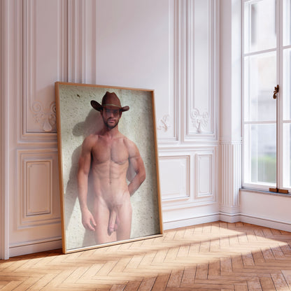 Naked Cowboy, Full Frontal Nudity Male Nude Photo, Portrait Showing Handsome & Muscular Physique, Impressive Body and Big Dick