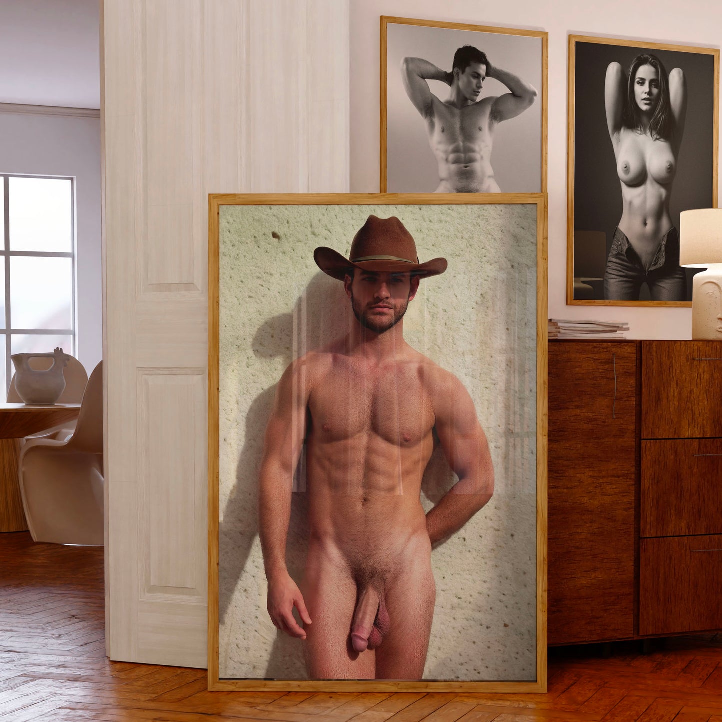 Naked Cowboy, Full Frontal Nudity Male Nude Photo, Portrait Showing Handsome & Muscular Physique, Impressive Body and Big Dick