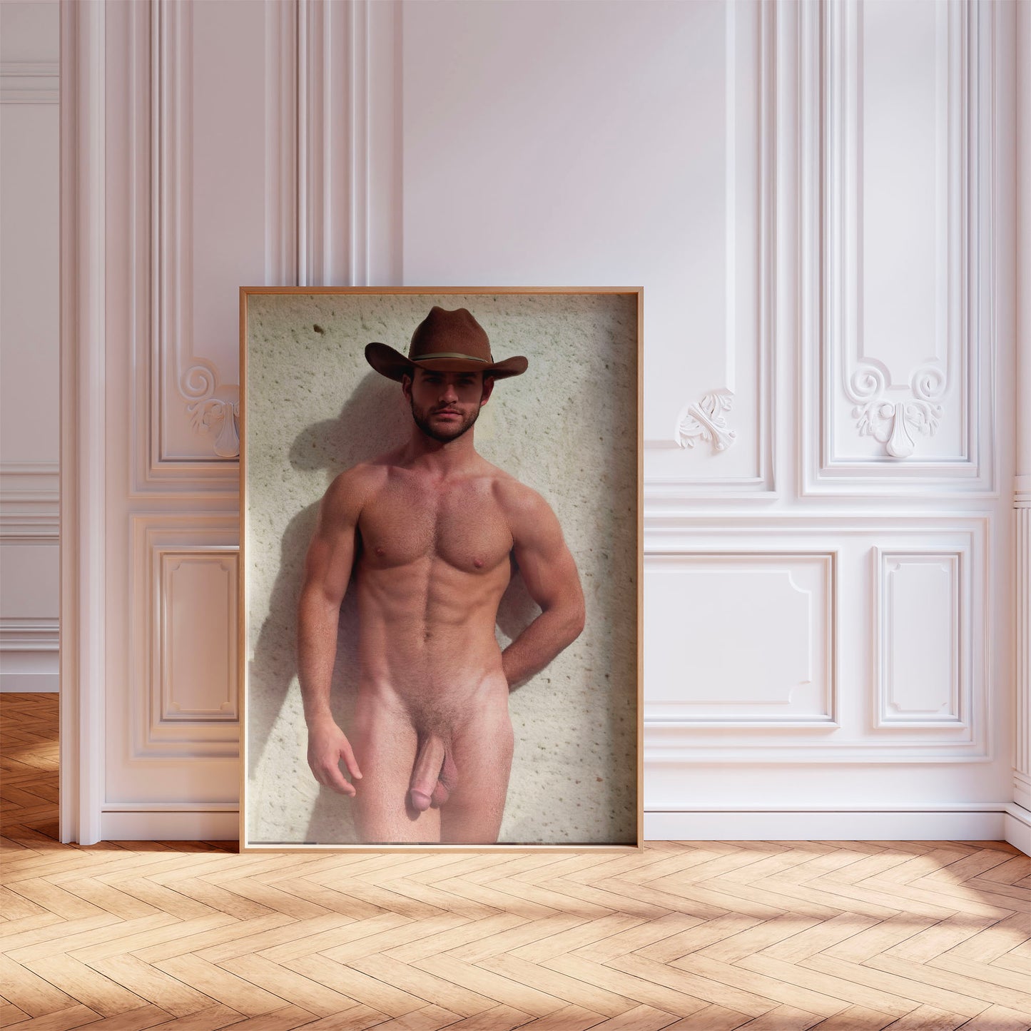 Naked Cowboy, Full Frontal Nudity Male Nude Photo, Portrait Showing Handsome & Muscular Physique, Impressive Body and Big Dick