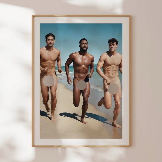 Nude Men in Full Frontal Nudity, Big Penises on Handsome Hung Men Running Naked Down Beach, Muscular Nude Bodybuilders, Hot Male Nude Photo