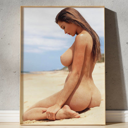 Nude Photo Print, Huge Sexy Tits, Great Butt on Busty Woman at Beach, Fully Naked Showing Big Boobs & Sandy Round Ass, Perfect Dorm Poster